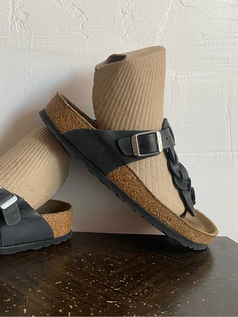 Pre-owned Birkenstock Gizeh Braided Sandal in Leather Black 39/8 Women’s Regular